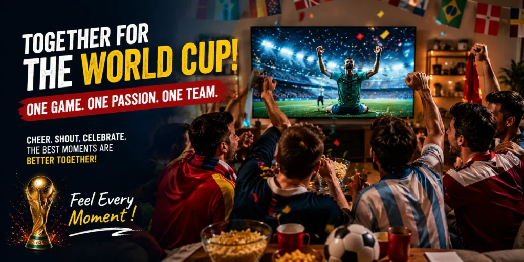 Enthusiastic group of friends watching the FIFA World Cup and celebrating a goal together